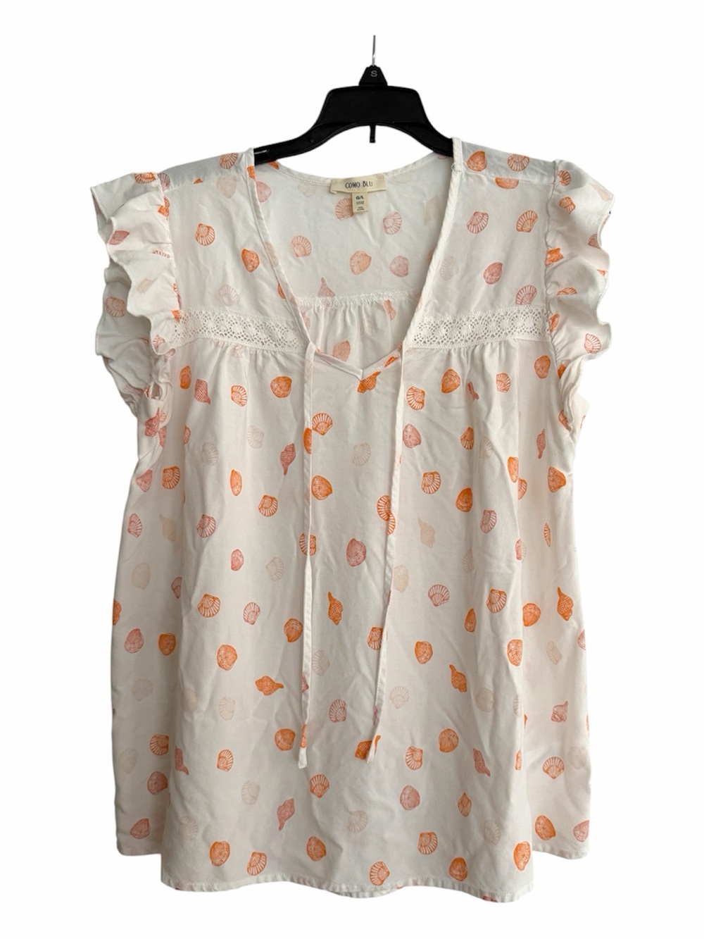 Como Blu White Shell-Print Tie-Neck Ruffle Sleeve Blouse Size Large